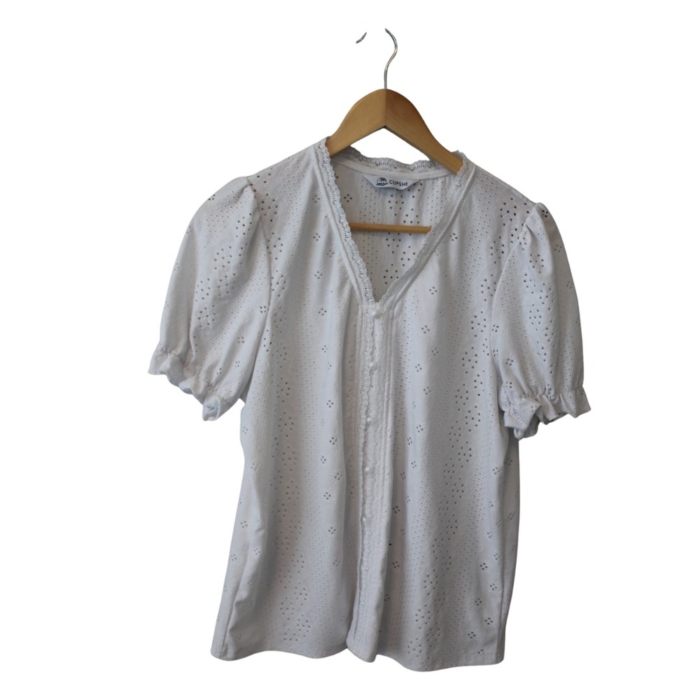 CUPSHE Women's Blouses Puff Short Sleeve Lace Hollow Out V Neck‎ Button SZ Large